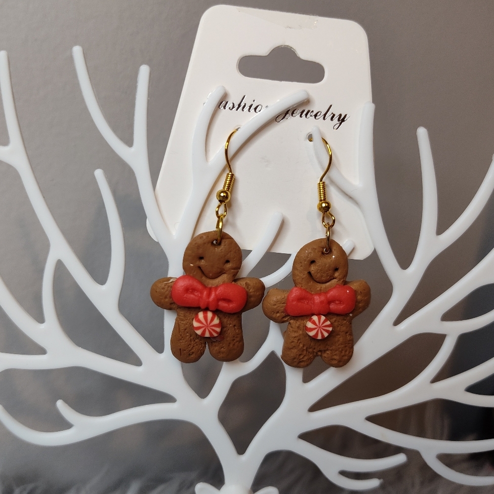 🎄Gingerbread Dangle Hoop Earrings With Red Bowtie Peppermint Candy